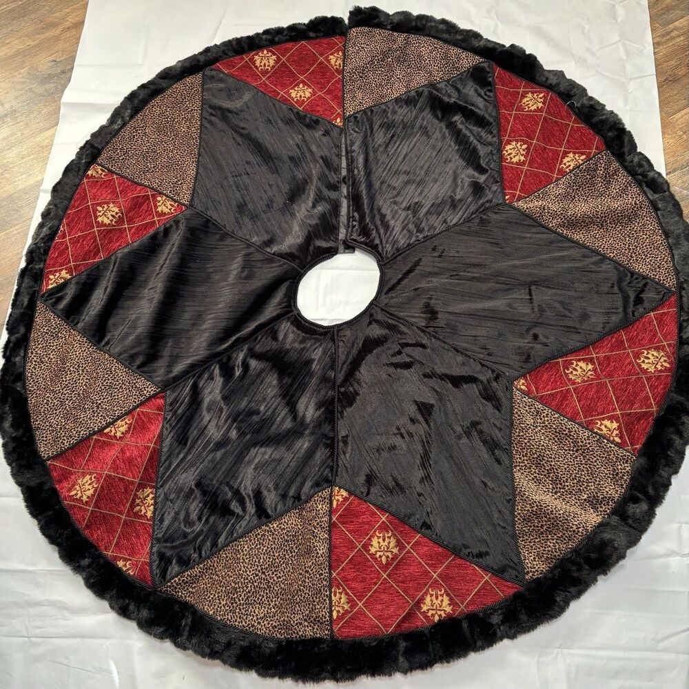 VILLA BACCI Tree Skirt 56” Tweed Fur Trimmed Animal Print And Red On Black